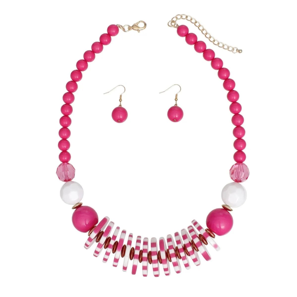 Midcentury Inspired Fuchsia & White Striped Disc Statement Necklace & Earring Set with Gold Accents
