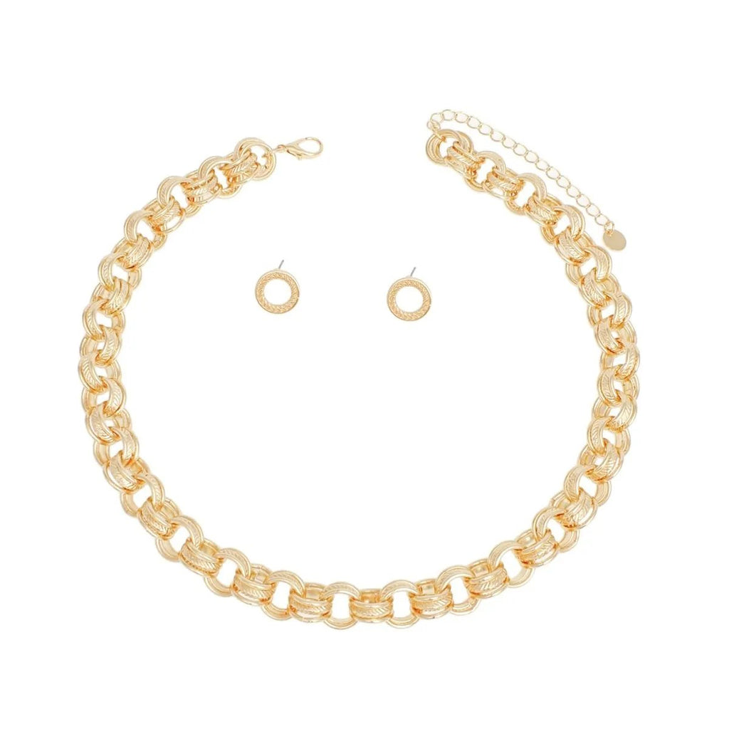 Premium Chunky Gold Triple Ring Chain Necklace & Earring Set - Bold Statement Fashion Jewelry for Women
