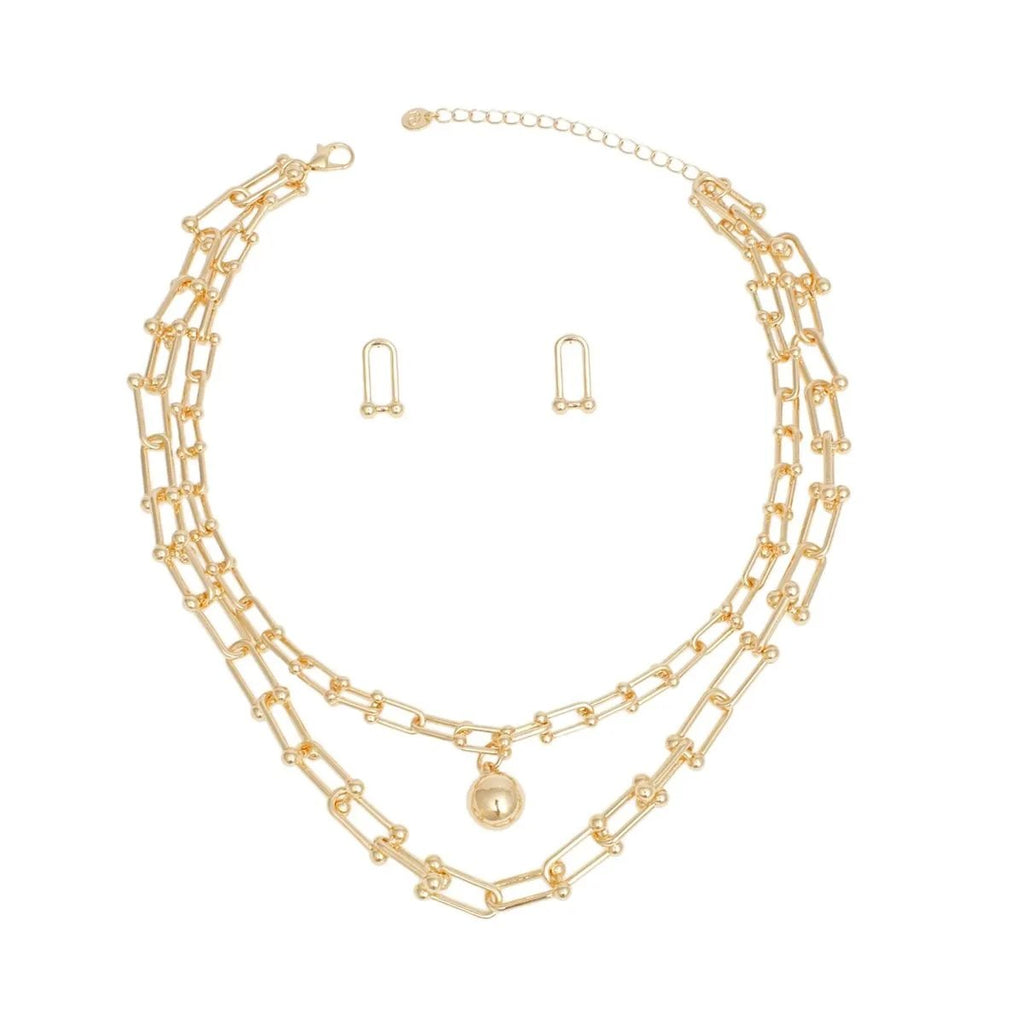 Premium Gold U-Link Double Strand Chain Necklace Set with Ball Pendant and Matching Stud Earrings | Fashion Jewelry