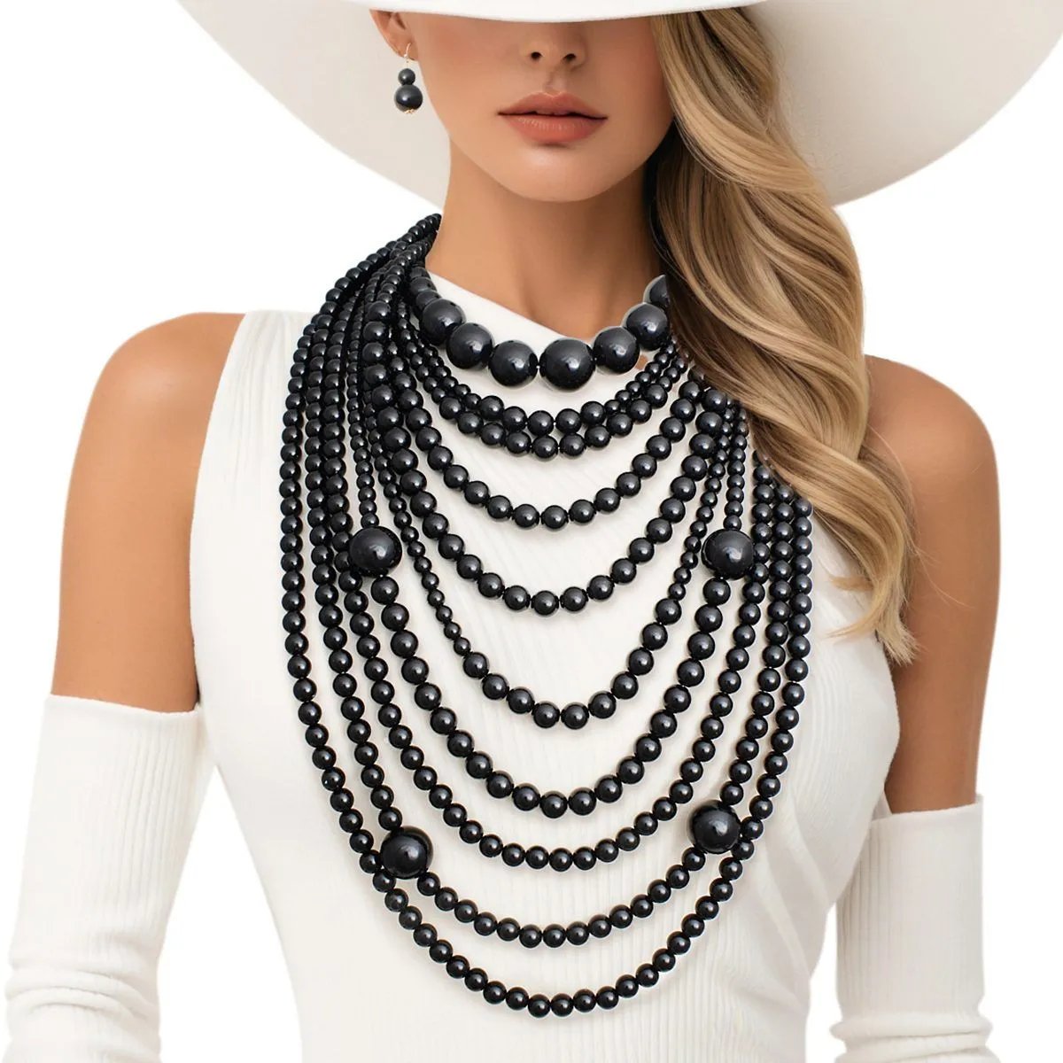 Layered Black Acrylic Bead Necklace Set with Matching Earrings