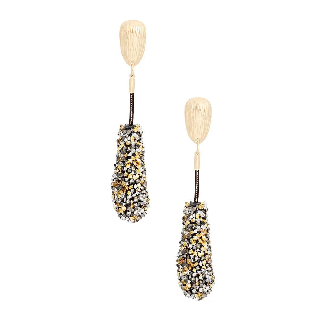 Gold-Tone Textured Teardrop Earrings with Snake Chain and Mixed Rhinestone Clusters