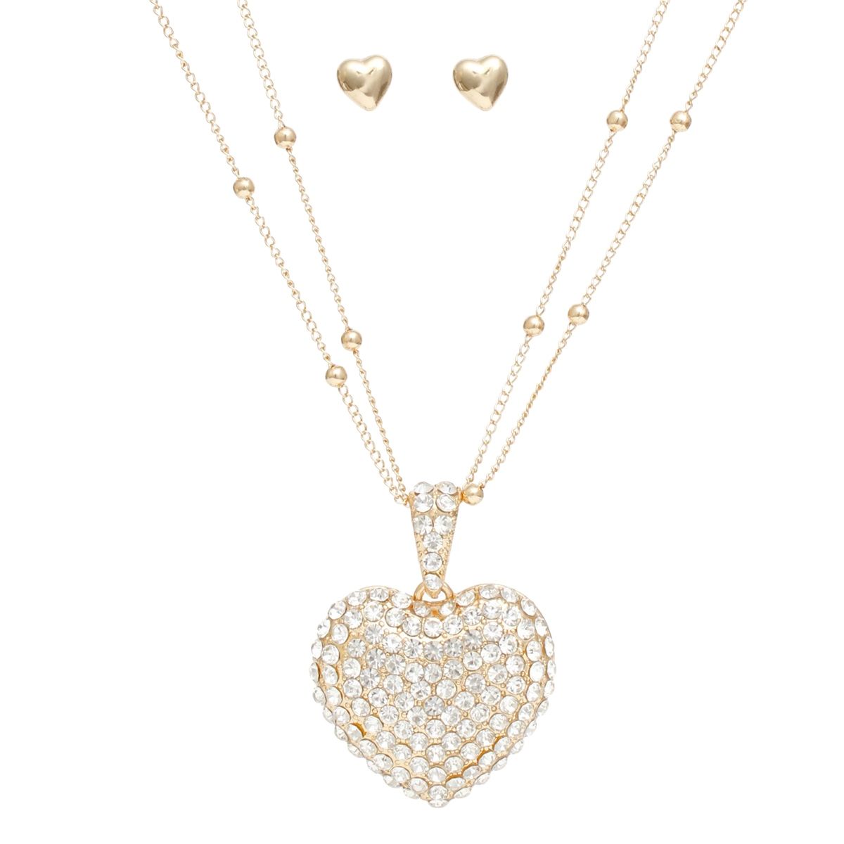 Women's Puffy Heart Pendant Necklace Set with Rhinestones in Gold Tone Pinktown
