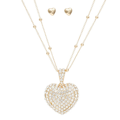 Women's Puffy Heart Pendant Necklace Set with Rhinestones in Gold Tone Pinktown