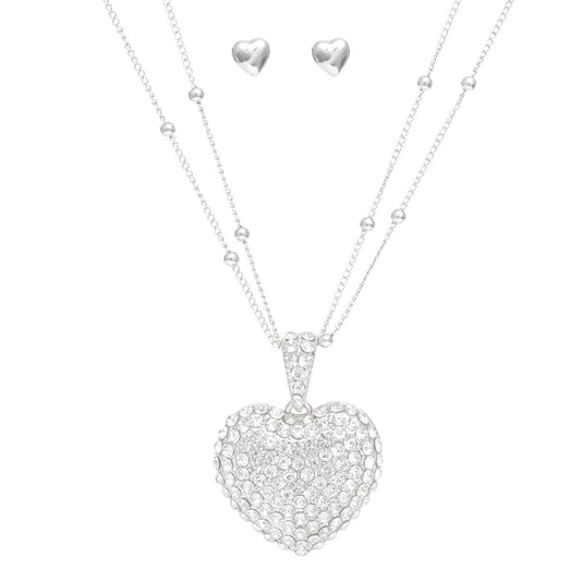 Women's Puffy Heart Pendant Necklace Set with Rhinestones in Silver Rhodium Plating Pinktown