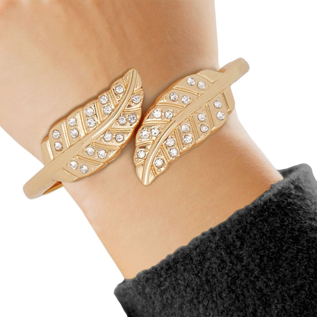 Gold Cuff Bracelet Leaf Rhinestone | Fashion Jewelry