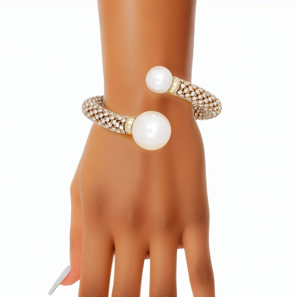 Gold Tone Wire Bracelet Adjustable Rhinestone Pearl Cuff | Fashion Jewelry
