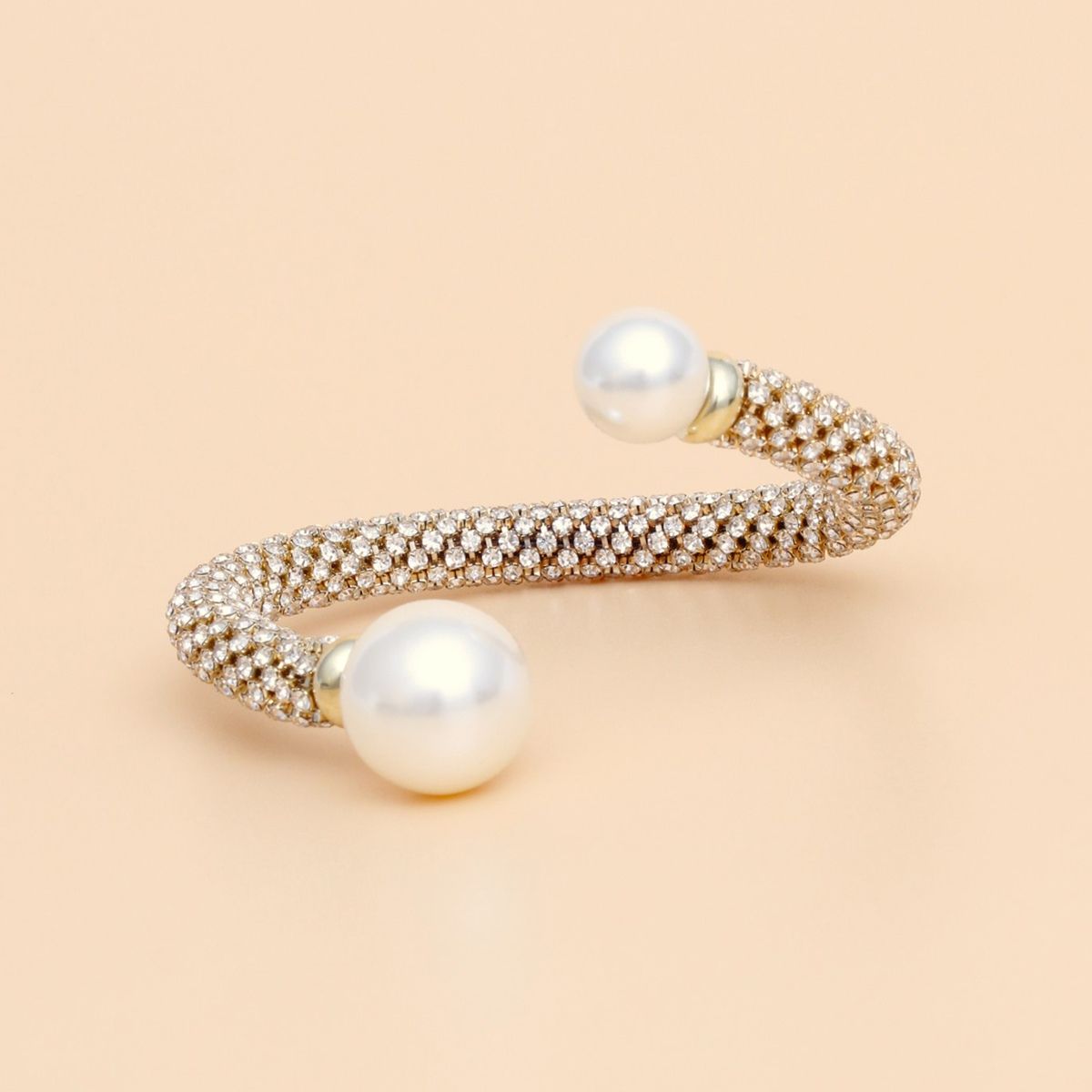 Gold Tone Wire Bracelet Adjustable Rhinestone Pearl Cuff | Fashion Jewelry