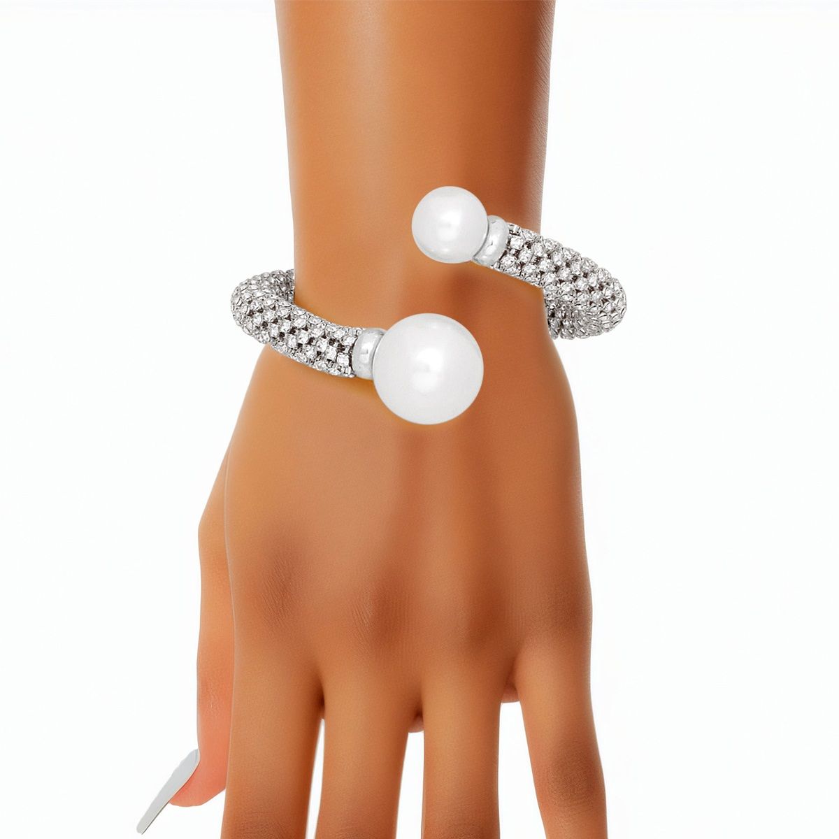 Silver Tone Wire Bracelet Adjustable Rhinestone Pearl Cuff | Fashion Jewelry