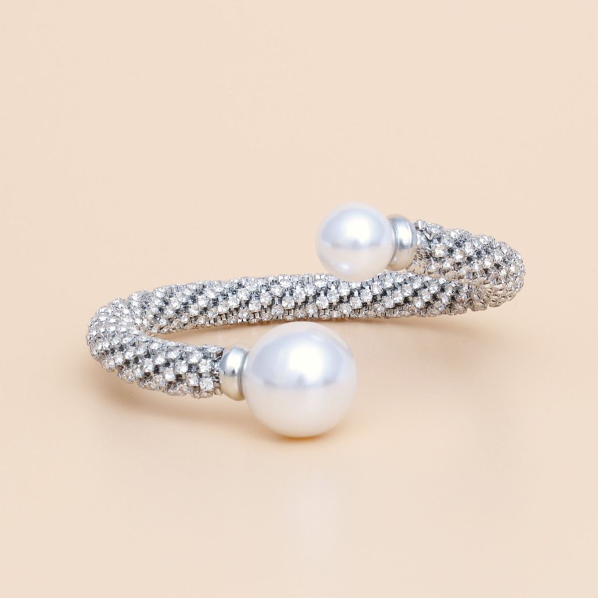 Silver Tone Wire Bracelet Adjustable Rhinestone Pearl Cuff | Fashion Jewelry