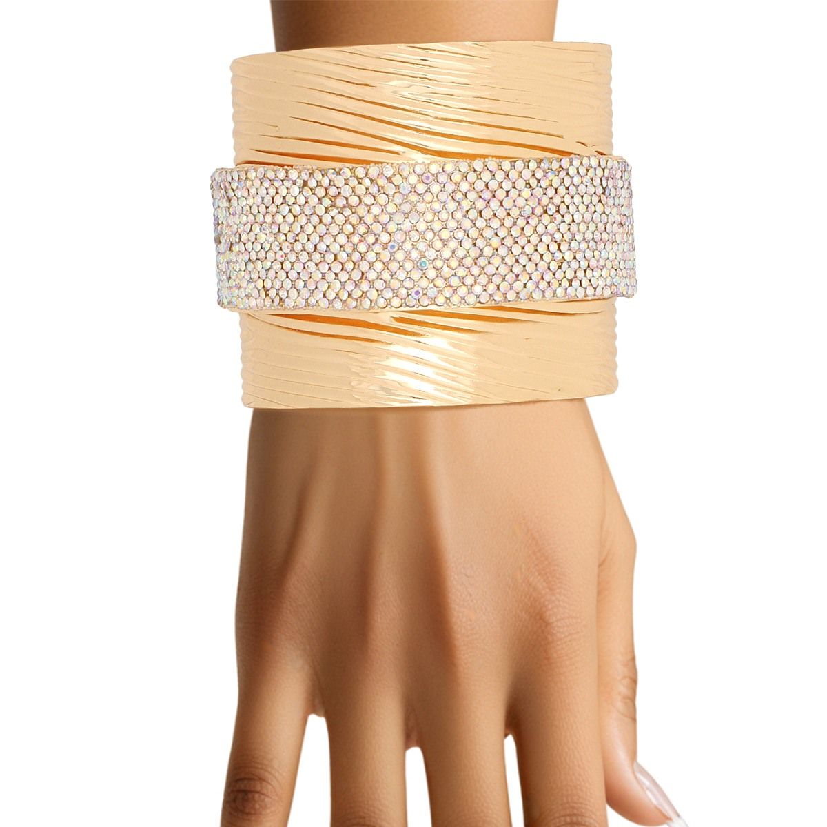 Gold ribbed cuff bracelet with Aurora Borealis rhinestone band