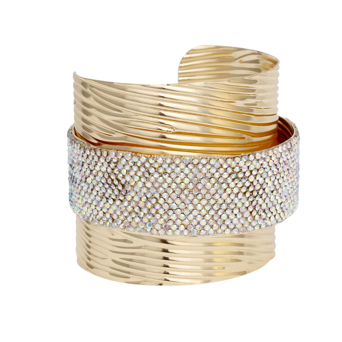 Gold ribbed cuff bracelet with Aurora Borealis rhinestone band