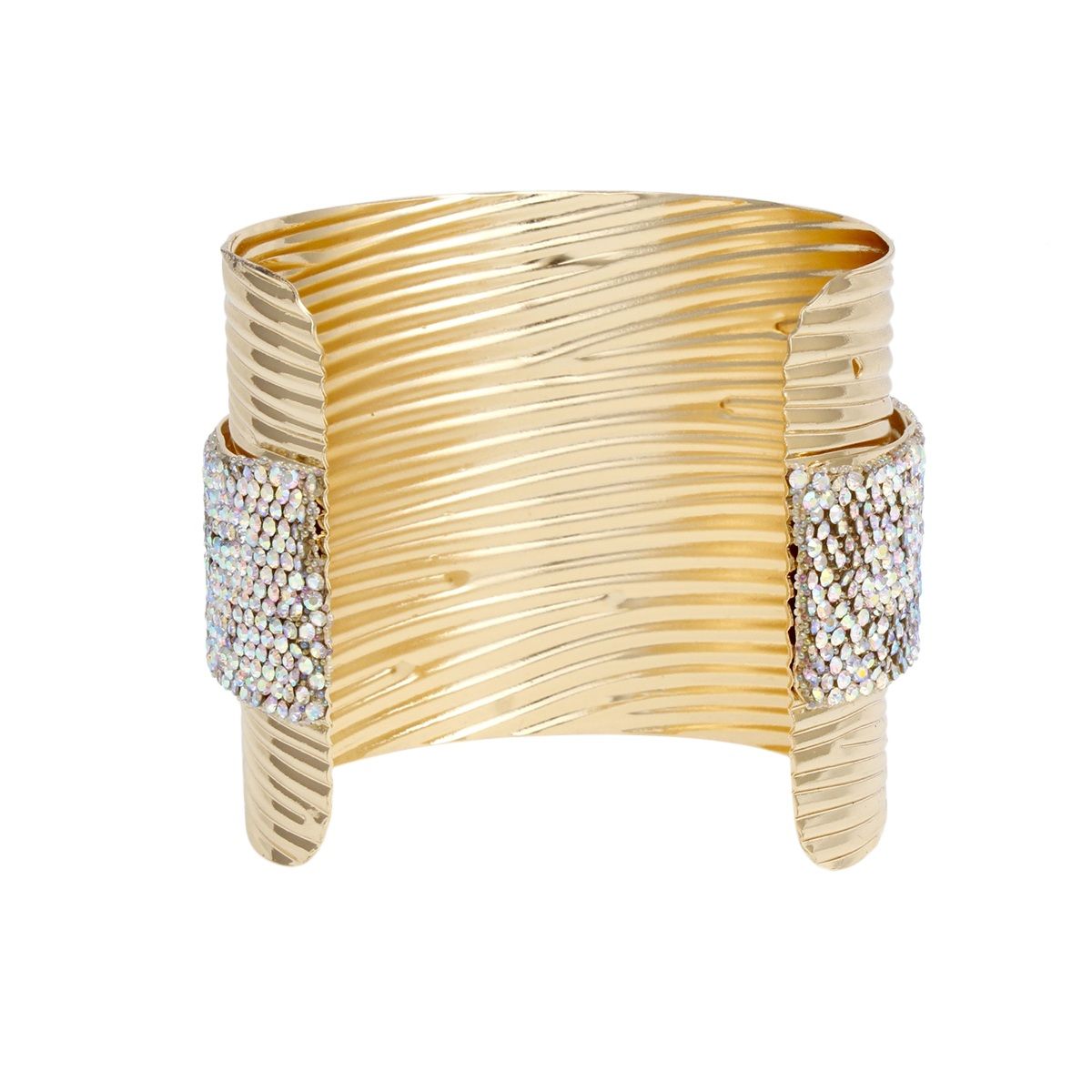 Gold ribbed cuff bracelet with Aurora Borealis rhinestone band