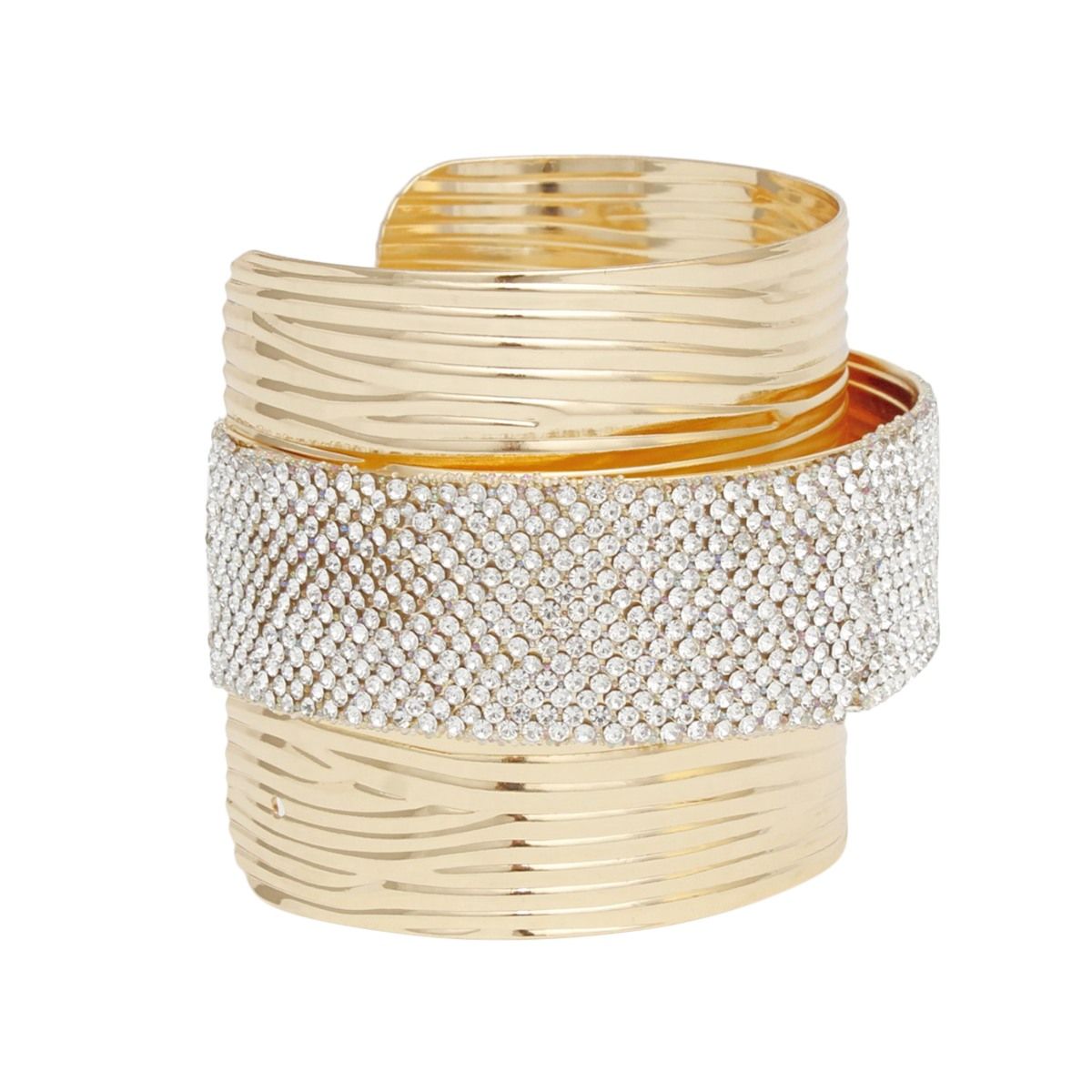 Gold ribbed cuff bracelet with clear rhinestone band