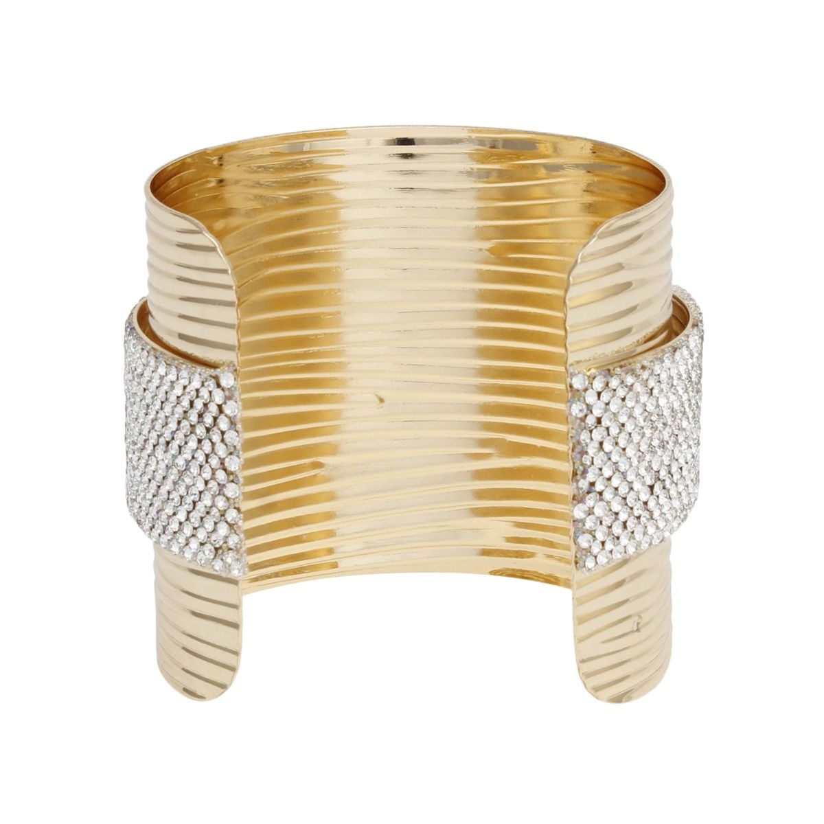 Gold ribbed cuff bracelet with clear rhinestone band