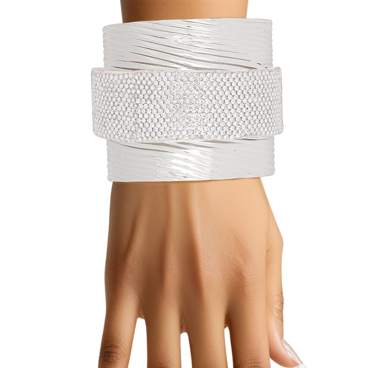 Silver ribbed cuff bracelet with clear rhinestone band