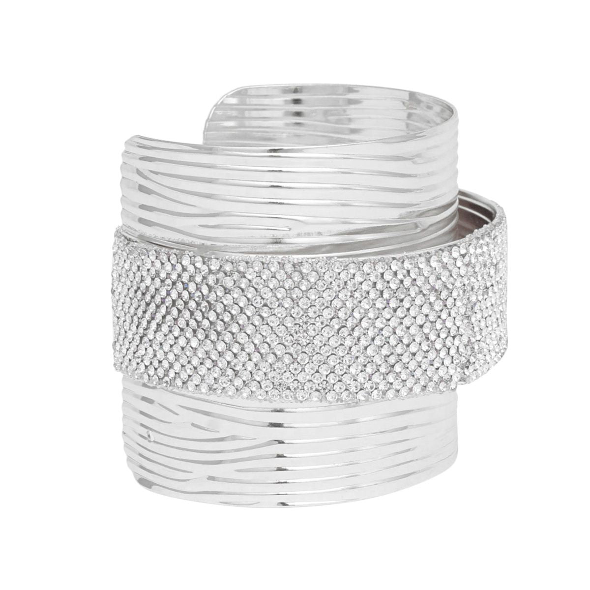 Silver ribbed cuff bracelet with clear rhinestone band