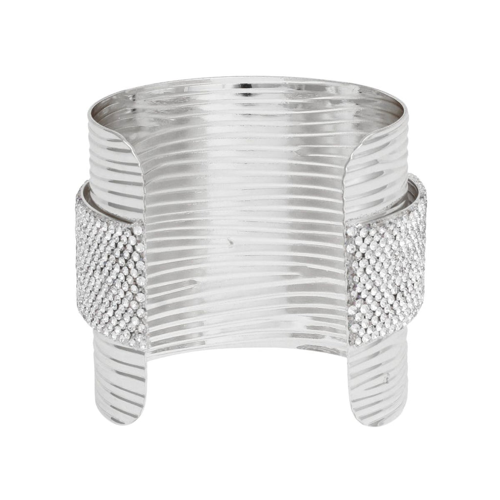 Silver ribbed cuff bracelet with clear rhinestone band