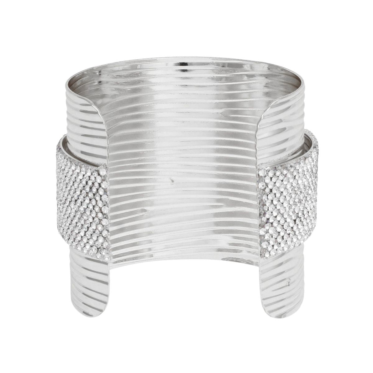 Silver ribbed cuff bracelet with clear rhinestone band