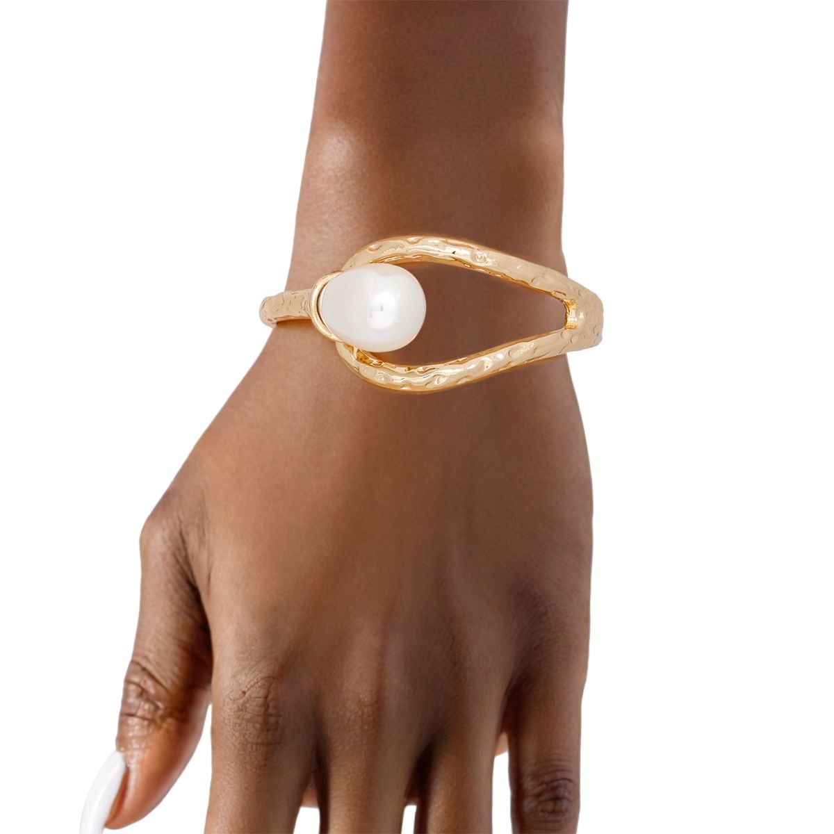 Gold Hammered Narrow Cuff Cream Teardrop Pearl Hinge Bracelet