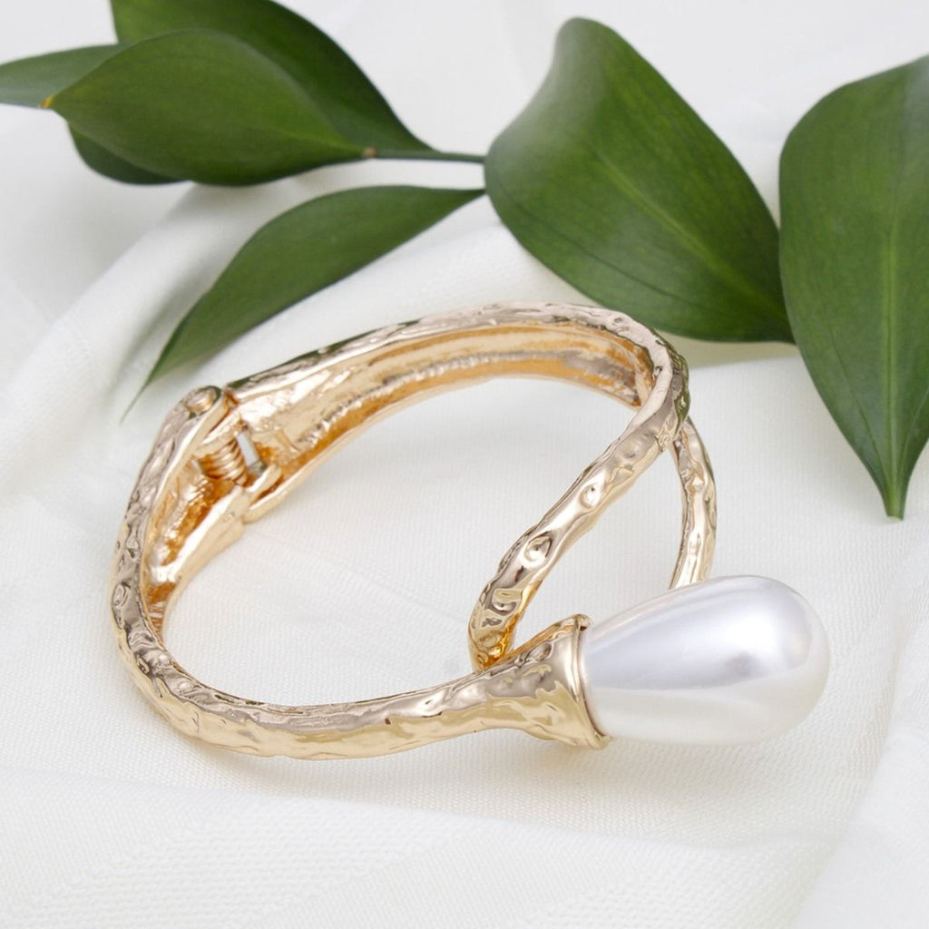 Gold Hammered Narrow Cuff Cream Teardrop Pearl Hinge Bracelet