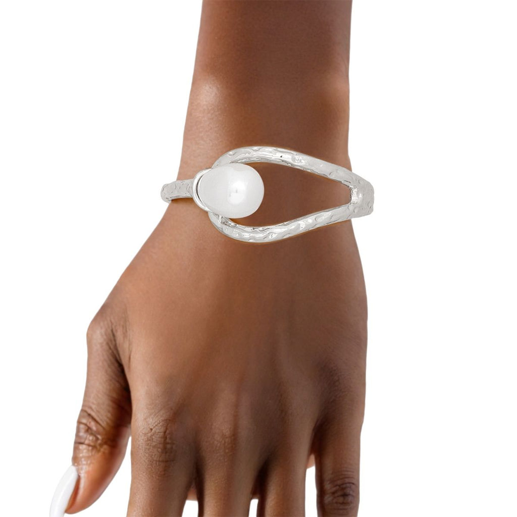 Silver Hammered Narrow Cuff Cream Teardrop Pearl Hinge Bracelet