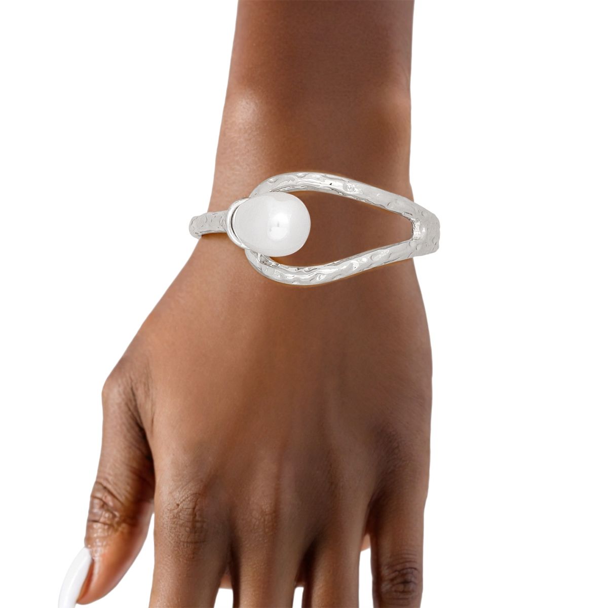 Silver Hammered Narrow Cuff Cream Teardrop Pearl Hinge Bracelet