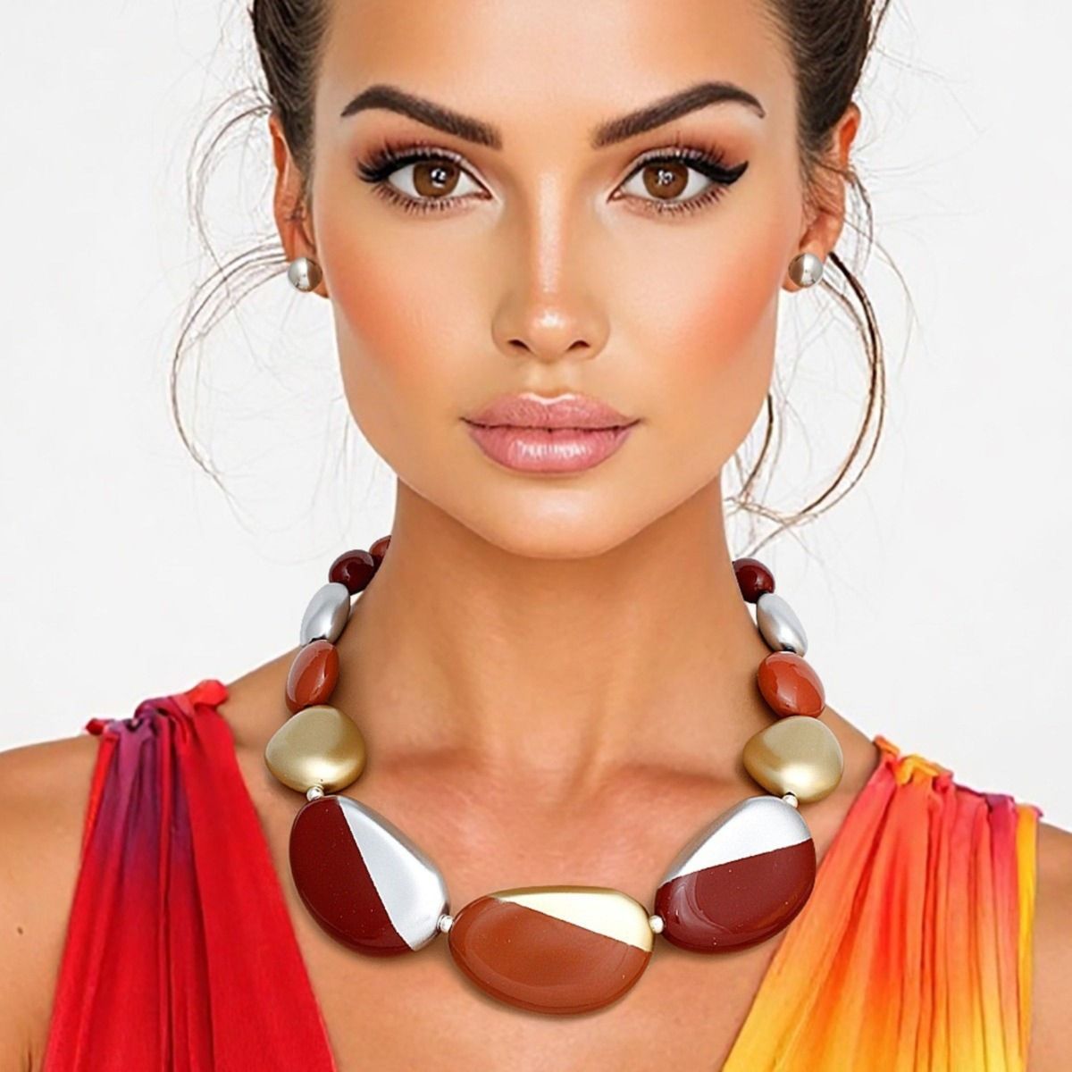 Burgundy Beaded Necklace Set | Acrylic Earthy Stone, Matte Gold, Earrings