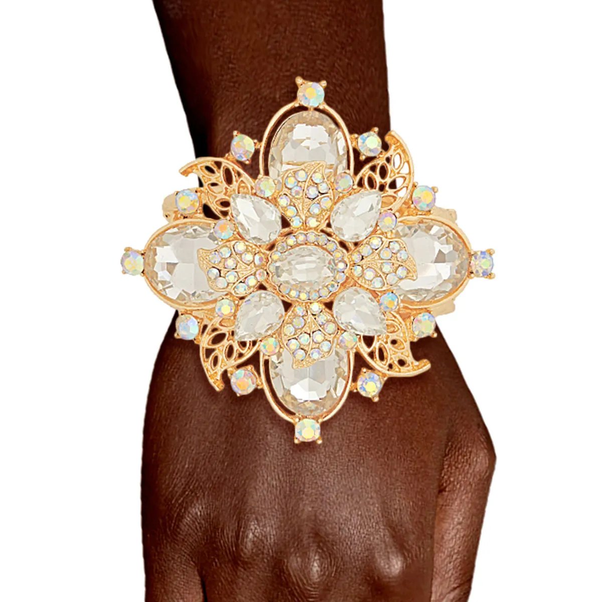 Gold Tone Filigree Chunky Cuff Bracelet with Rhinestone Flower Detail