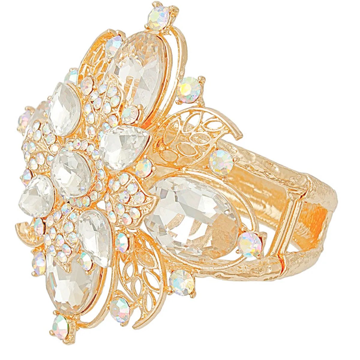 Gold Tone Filigree Chunky Cuff Bracelet with Rhinestone Flower Detail