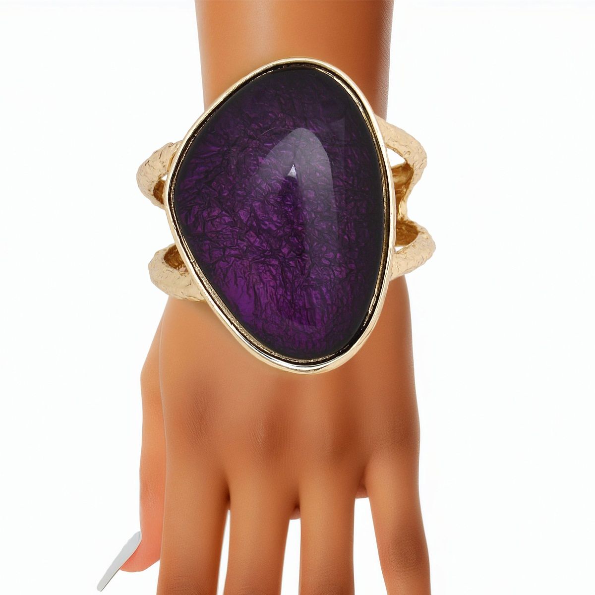 Chunky Gold Cuff Bracelet Hammered Cut Out Purple Resin Inlay