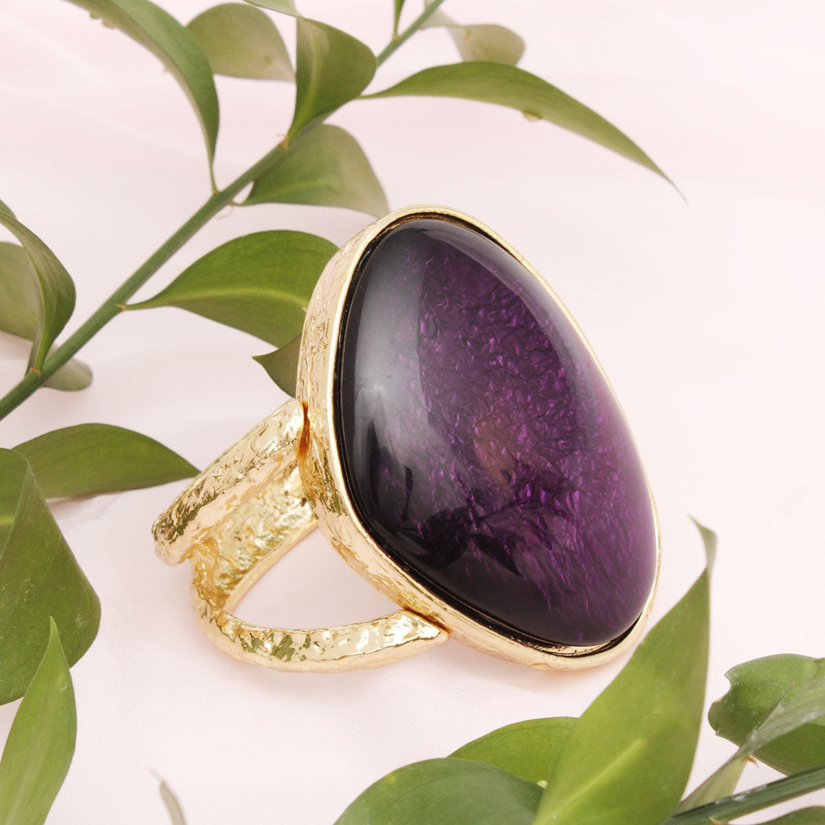 Chunky Gold Cuff Bracelet Hammered Cut Out Purple Resin Inlay
