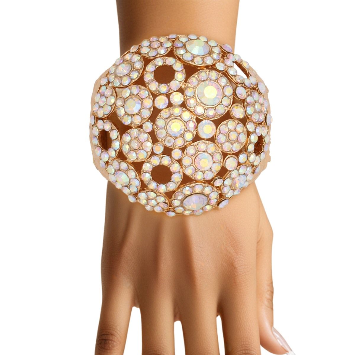 Chunky Hammered Gold Cuff Bracelet with Aurora Borealis Dome Crystal and Rhinestones