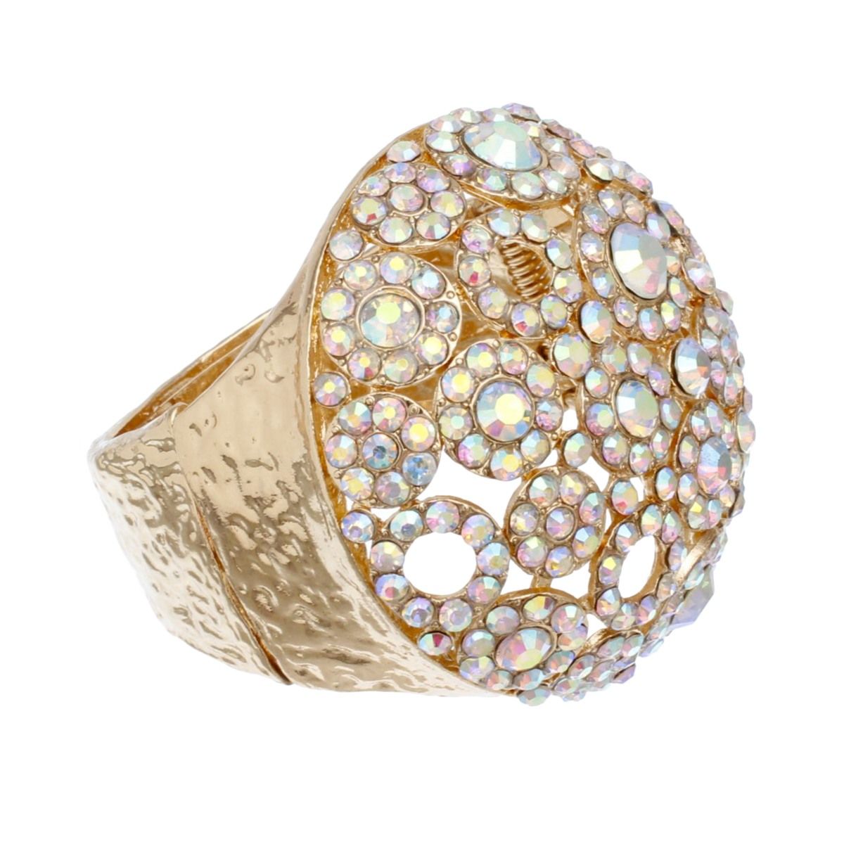 Chunky Hammered Gold Cuff Bracelet with Aurora Borealis Dome Crystal and Rhinestones