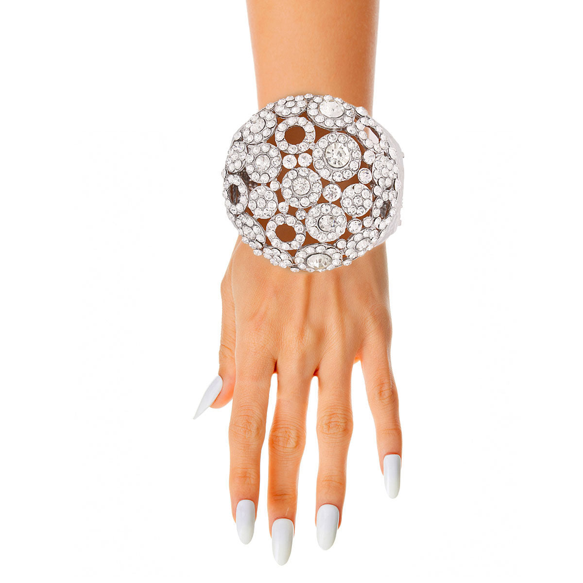 Chunky Hammered Silver Cuff Bracelet with Clear Dome Crystal and Rhinestones