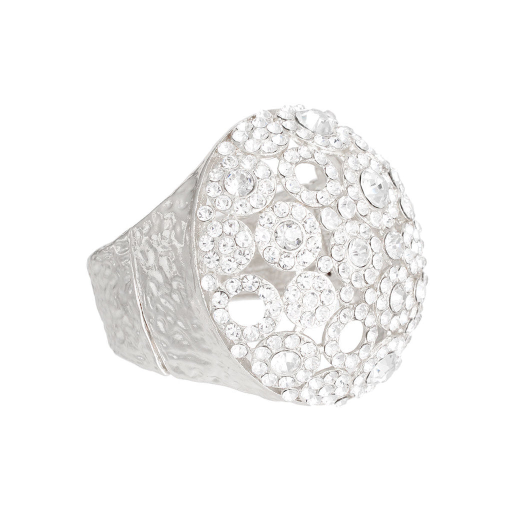 Chunky Hammered Silver Cuff Bracelet with Clear Dome Crystal and Rhinestones