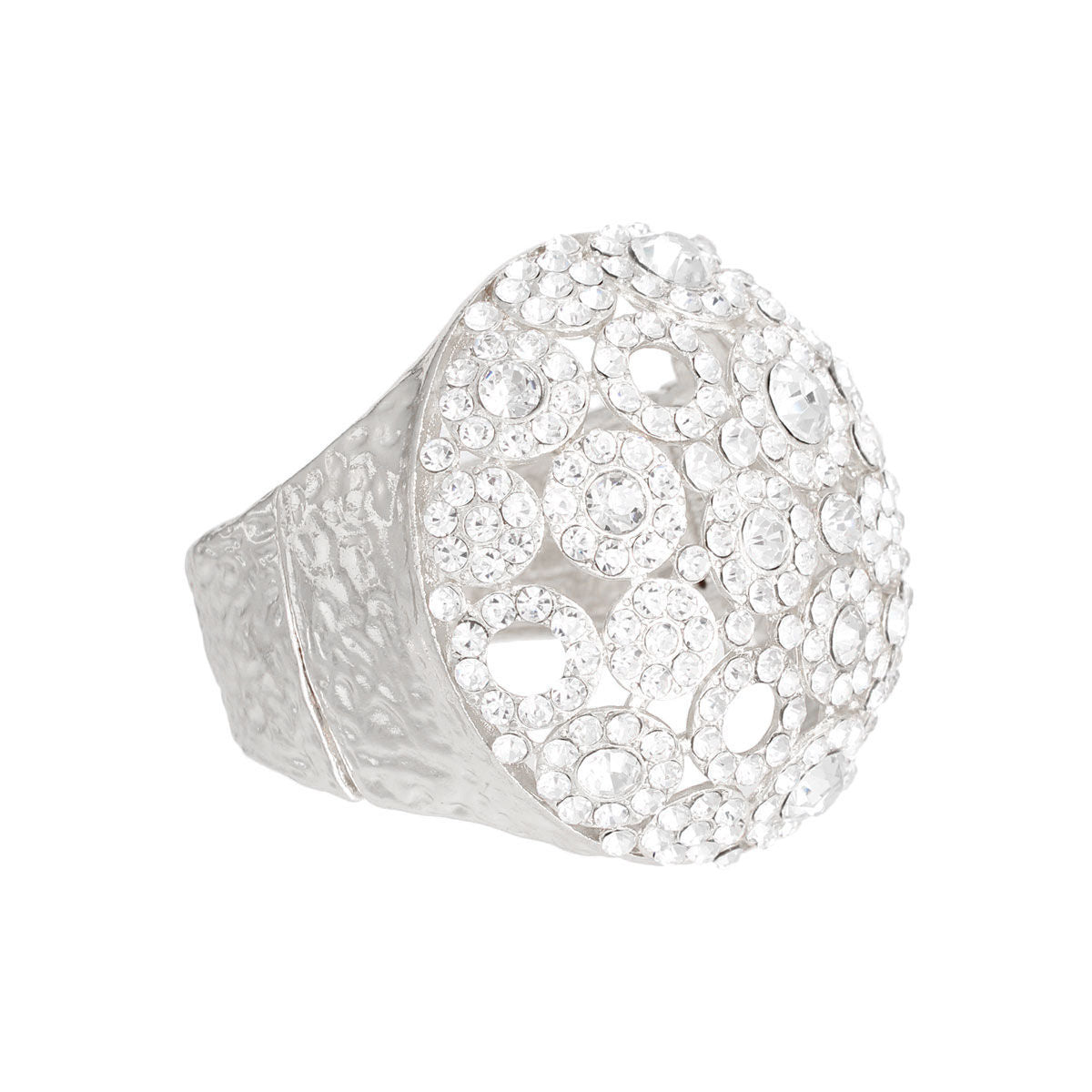 Chunky Hammered Silver Cuff Bracelet with Clear Dome Crystal and Rhinestones