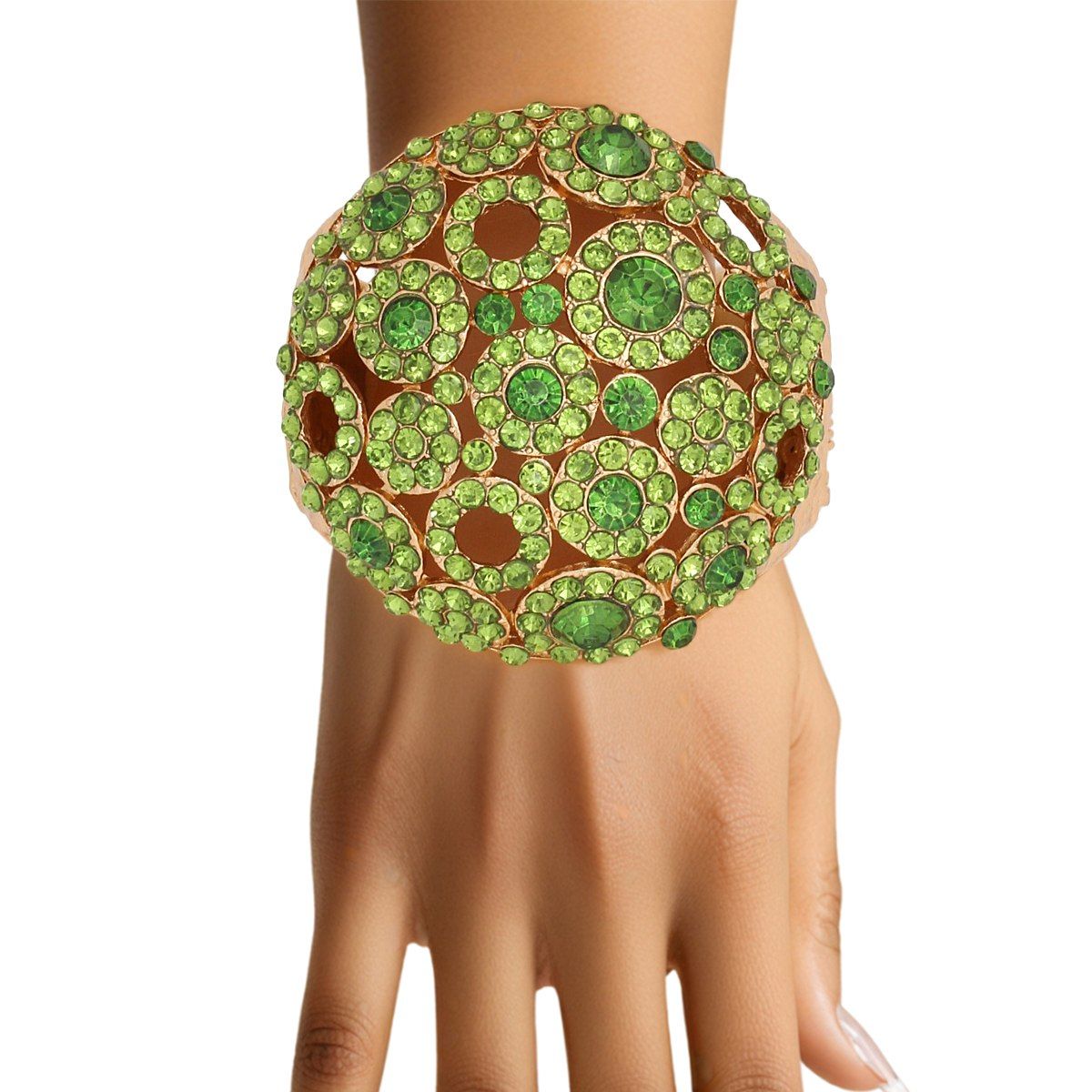 Chunky Hammered Gold Cuff Bracelet with Green Dome Crystal and Rhinestones