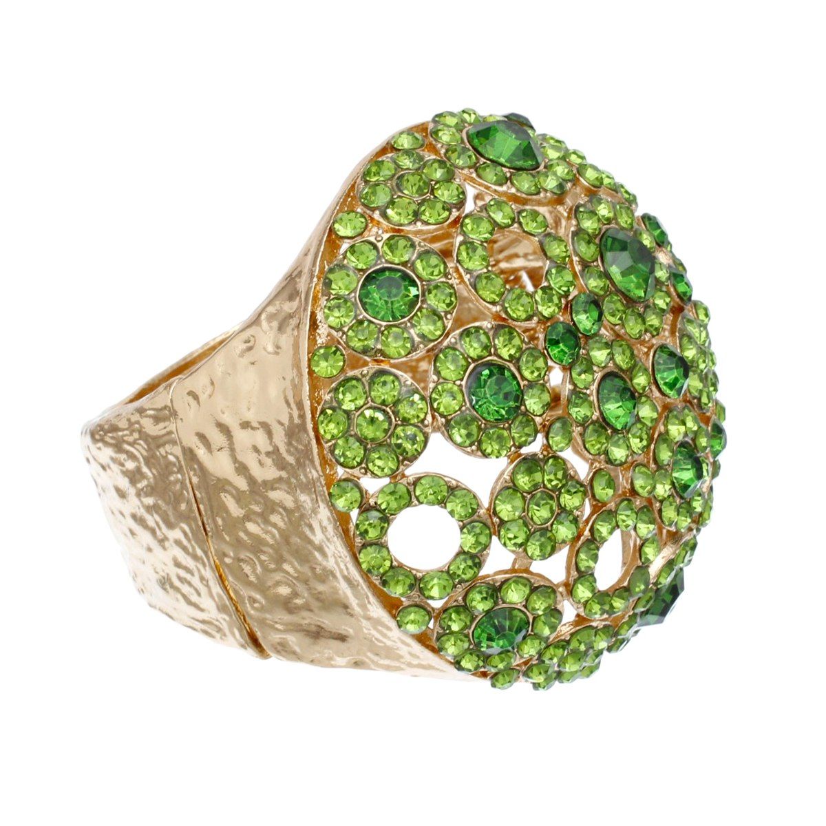 Chunky Hammered Gold Cuff Bracelet with Green Dome Crystal and Rhinestones