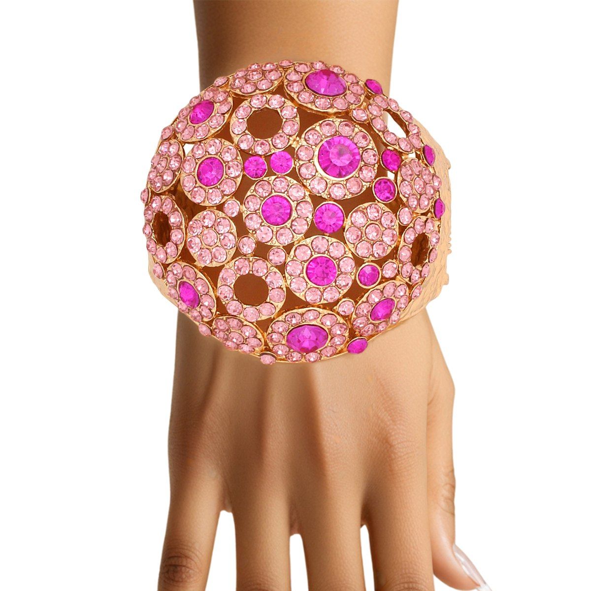 Chunky Hammered Gold Cuff Bracelet with Green Dome Crystal and Rhinestones