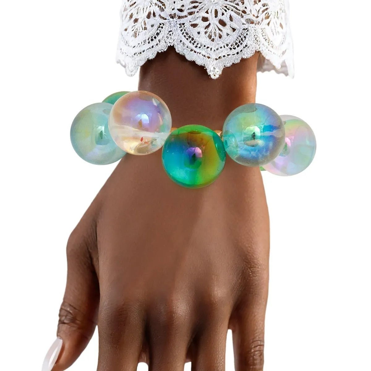 Blue Green Iridescent Bubble Ball Bracelet Gold Detail | Fashion Jewelry