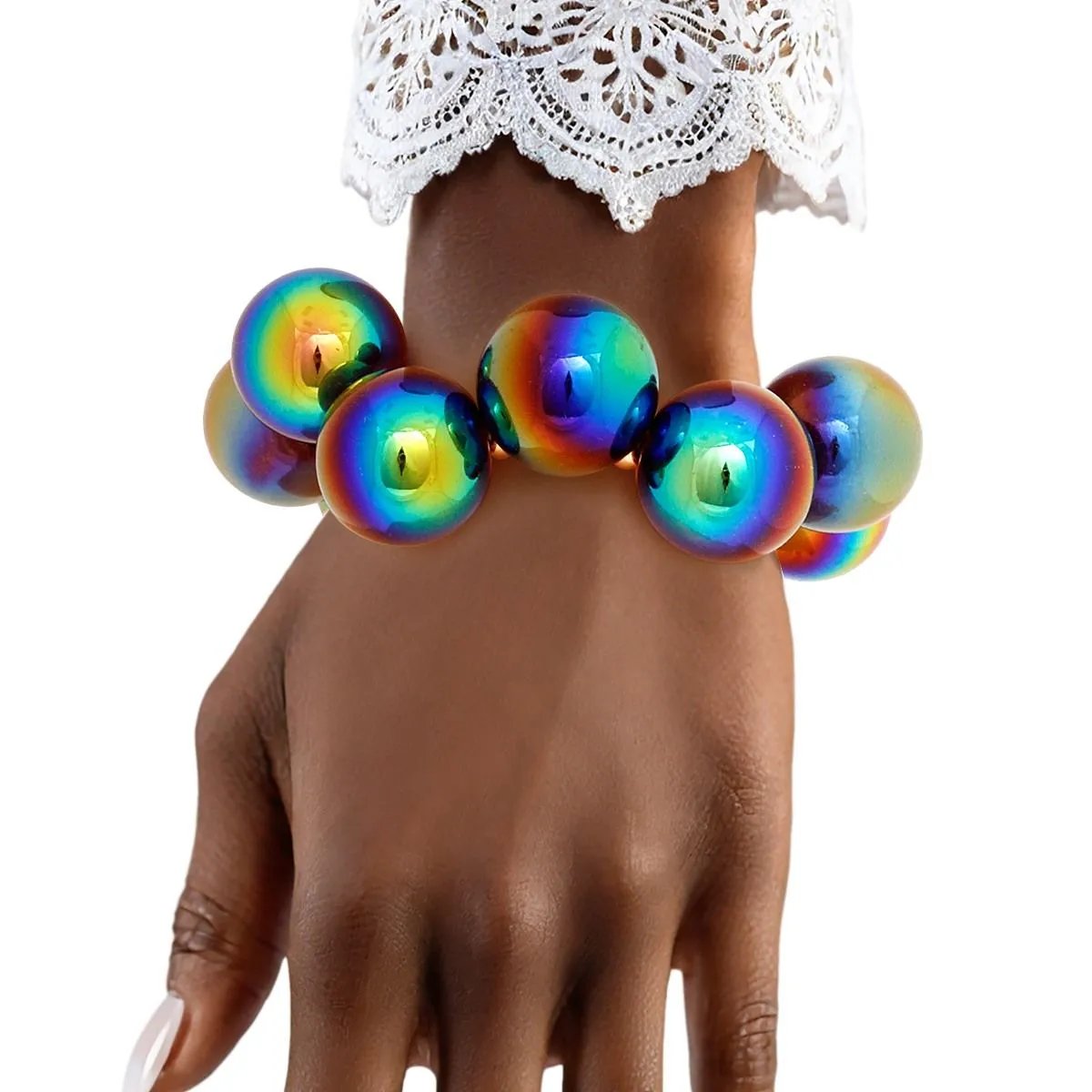 Black Iridescent Bubble Ball Bracelet Gold Detail | Fashion Jewelry
