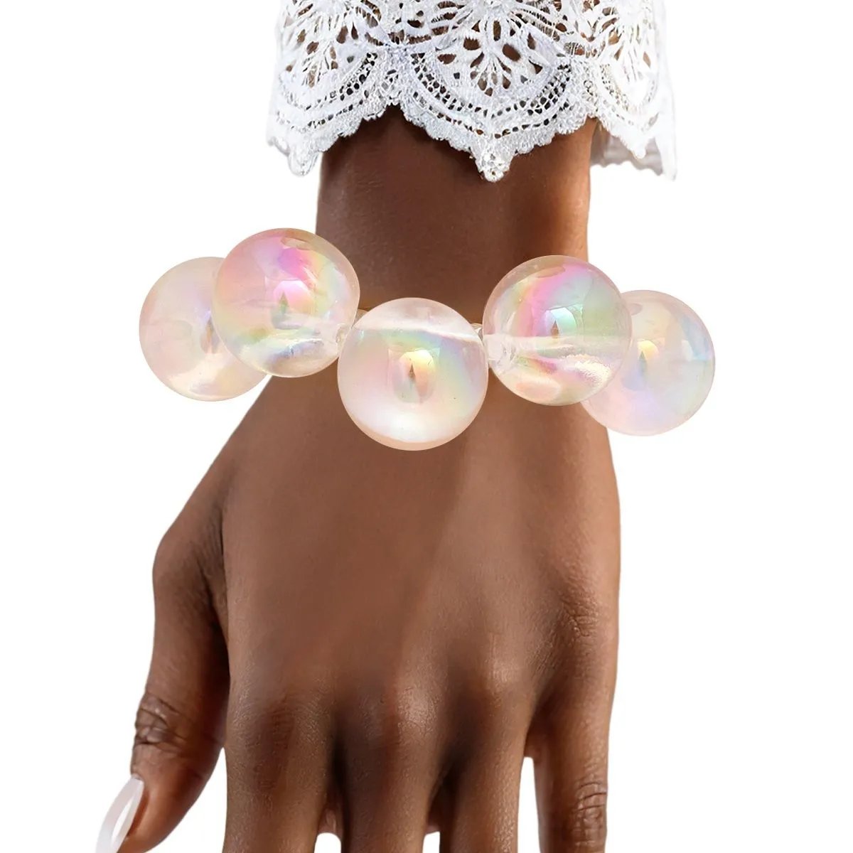 Clear Iridescent Bubble Ball Bracelet Silver Detail | Fashion Jewelry