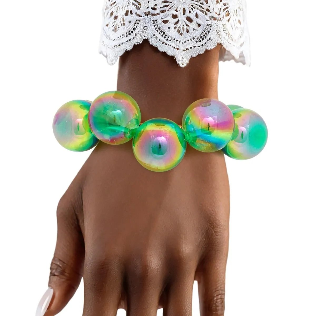 Green Iridescent Bubble Ball Bracelet Gold Detail | Fashion Jewelry
