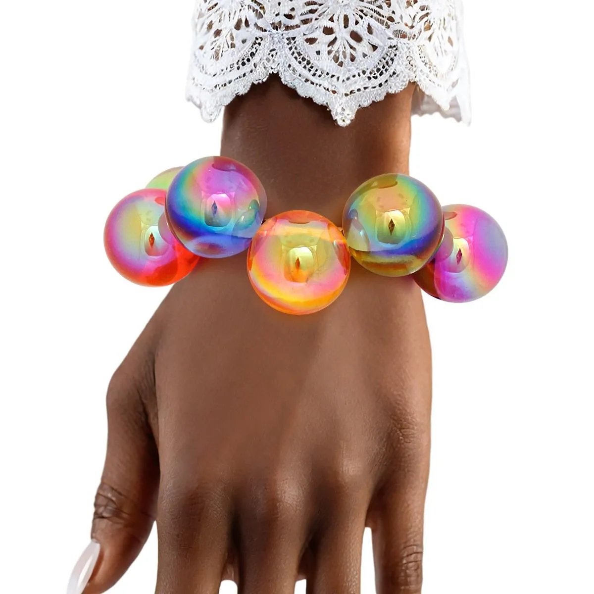 Multicolor Iridescent Bubble Ball Bracelet Gold Detail | Fashion Jewelry