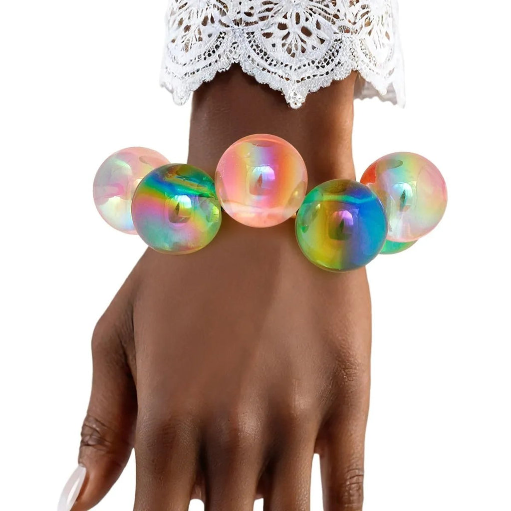 Pink Green Iridescent Bubble Ball Bracelet Gold Detail | Fashion Jewelry