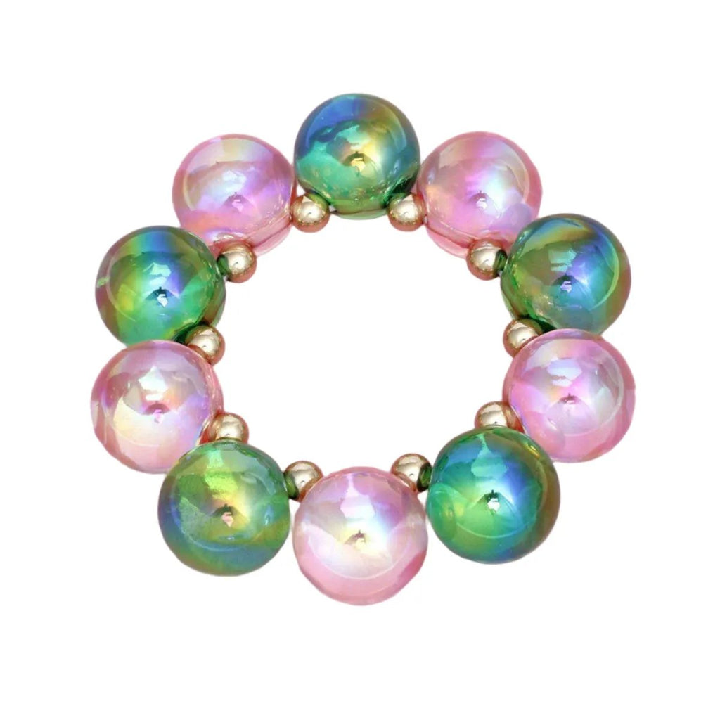Pink Green Iridescent Bubble Ball Bracelet Gold Detail | Fashion Jewelry