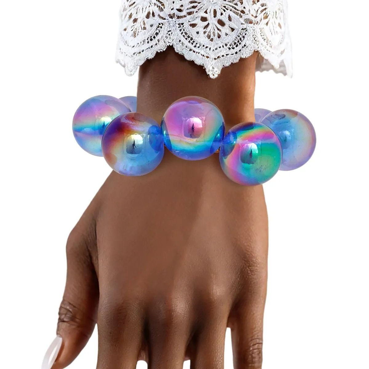 Blue Iridescent Bubble Ball Bracelet Gold Detail | Fashion Jewelry