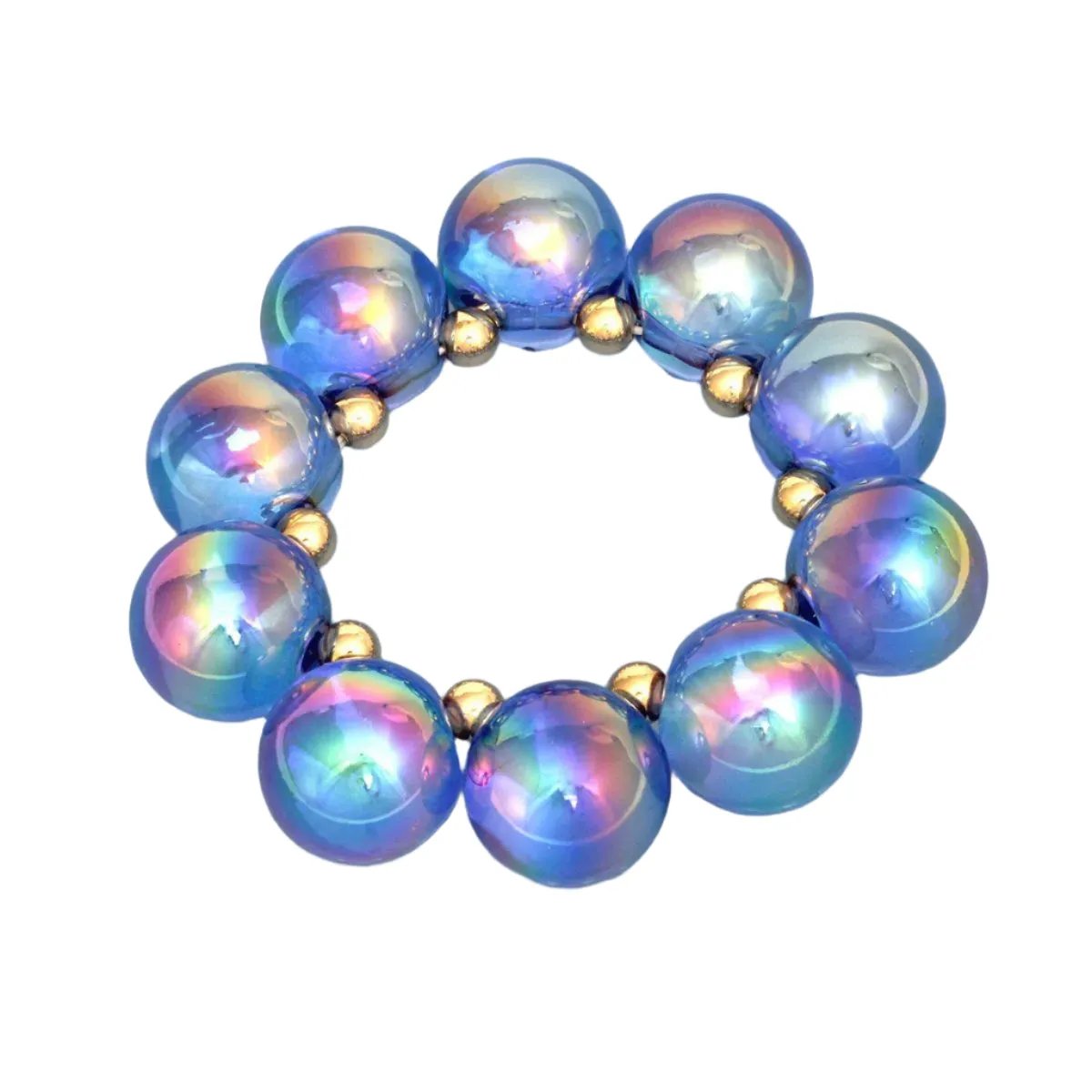 Blue Iridescent Bubble Ball Bracelet Gold Detail | Fashion Jewelry