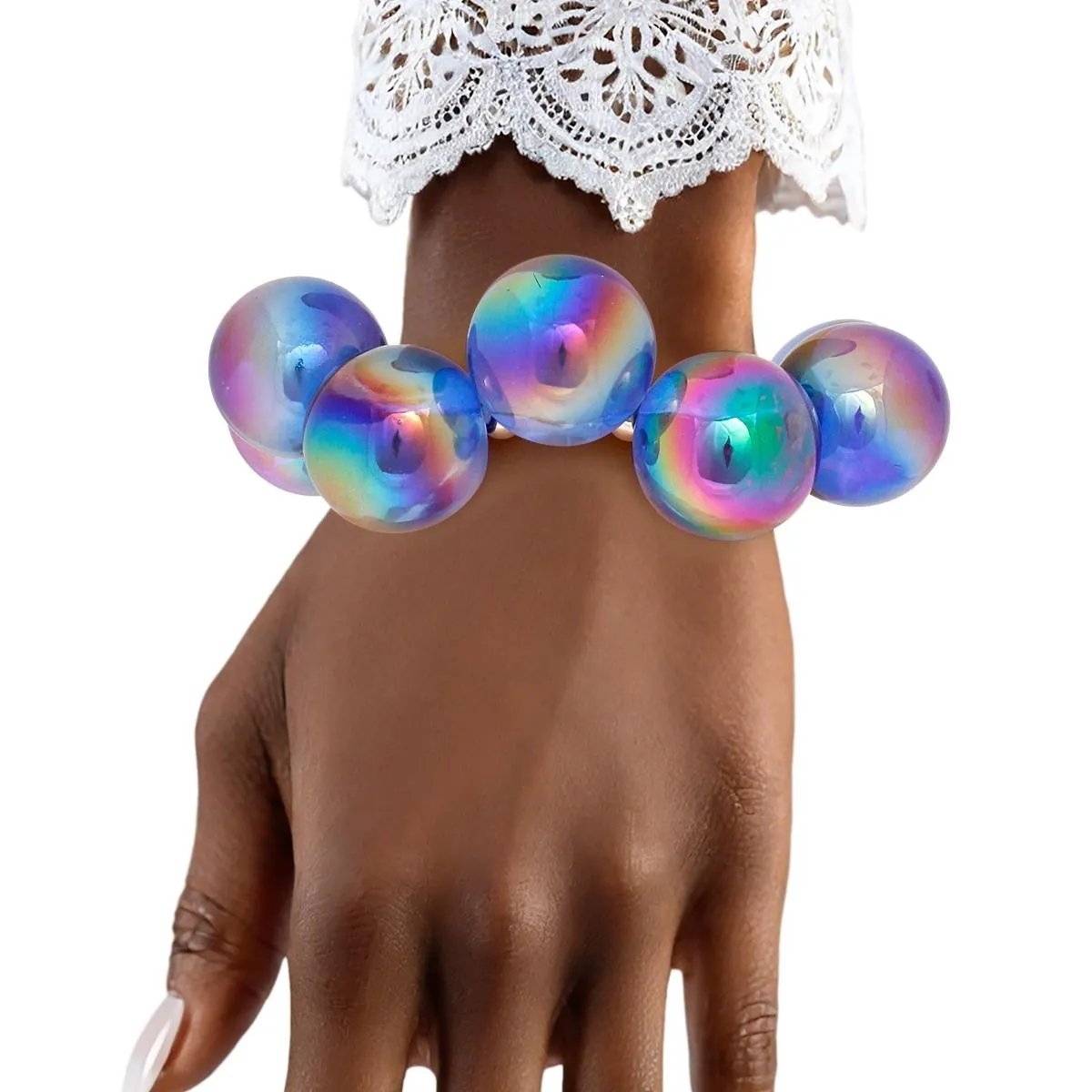 Blue Iridescent Bubble Ball Bracelet Silver Detail | Fashion Jewelry