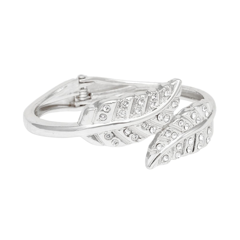 Silver Cuff Bracelet Leaf Rhinestone | Fashion Jewelry